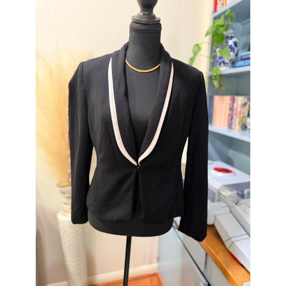 INC International Concepts Petite Small Black Blazer White Piped Shawl Lapel